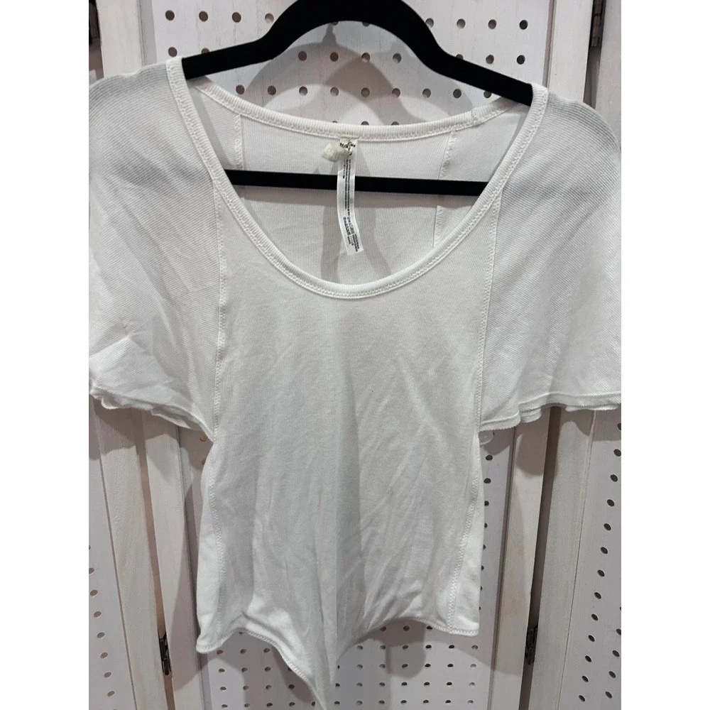Free People White Ribbed Knit Short Sleeve Bodysuit Snap Closure Cutout Sides - Picture 6 of 8